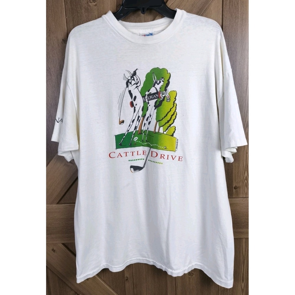 Vintage 1993 Hanes Beefy T Cattle Drive Golf Cow Graphic T Shirt XL USA SS
